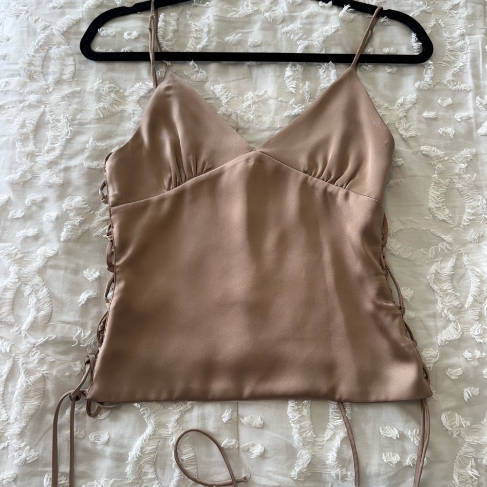 Zara Women's Satin V-Neck Lace-Up Cami Tank Top - Taupe / God